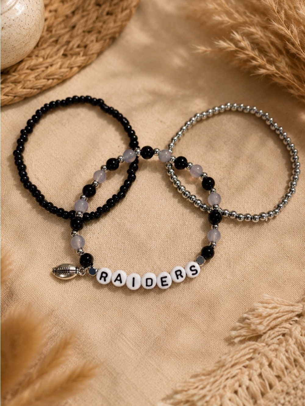 Las Vegas Raiders Inspired Beaded Bracelet Stack | Handmade